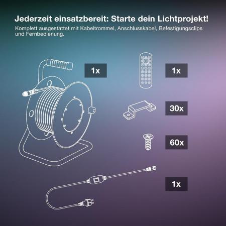 10M Osram Outdoor Flex LED-Streifen IP65 RGB mit Fernbedienung - bis 50 m erweiterbar, inkl. Kabeltrommel, Montagezubehör, Anschlusskabel