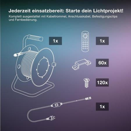 20M Osram Outdoor Flex LED-Streifen IP65 RGB mit Fernbedienung - bis 50 m erweiterbar, inkl. Kabeltrommel, Montagezubehör, Anschlusskabel