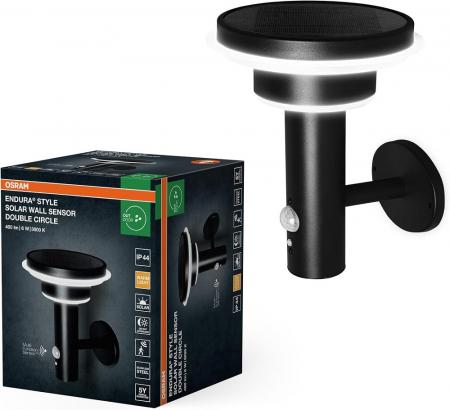 OSRAM ENDURA STYLE Solar Außenbeleuchtung 6W Modern Schwarz mit Sensor - Bewegungs- und Tageslichtsensor, solarbetrieben, ideal für Terrassen und Eingänge