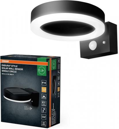 OSRAM ENDURA STYLE Solar Wandleuchte Circle schwarz mit Sensor - Bewegungs- und Tageslichtsensor, solarbetrieben, ideal für Außenbereiche