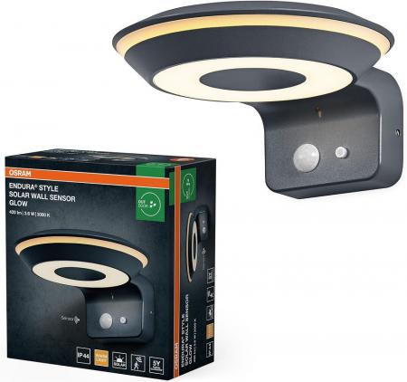 Osram Wandleuchte Endura Style Solar Glow Sensor Wall in Schwarz aus Aluminium - zwei separat steuerbare Lichtringe, warmweißes Licht