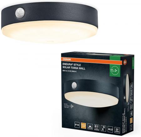 Osram Wandleuchte Endura Style Tossa Wall Solar & Sensor in Schwarz - warmweißes Licht, integrierter Sensor, ohne Strom nutzbar, bis acht Stunden Brenndauer