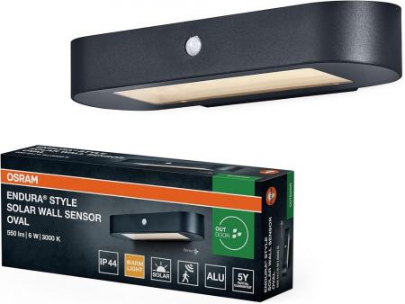 Osram Wandleuchte Endura Style Oval Wall Solar & Sensor in Schwarz aus Aluminium - integrierter Sensor, ohne Strom nutzbar, lange Batterielaufzeit: 30 Mal 60 Sekunden im PIR Modus, Schutzklasse IP44