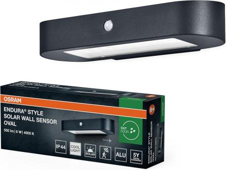 Osram Wandleuchte Endura Style Oval Wall Solar & Sensor in Schwarz - kaltweißes Licht integrierter Sensor, ohne Strom nutzbar, lange Batterielaufzeit: 30 Mal 60 Sekunden im PIR Modus, Schutzklasse IP44