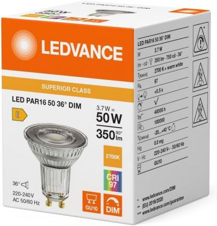 Ledvance GU10 PAR16 Reflektor 36° 3,7W wie 50W dimmbarer warmweißer Strahler 2700K 97Ra sehr hohe Farbwiedergabe