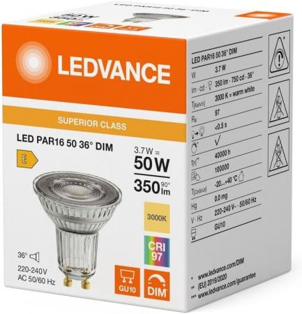 Ledvance GU10 PAR16 Reflektor 36° 3,7W wie 50W dimmbarer warmweißer Strahler 3000K 97Ra sehr hohe Farbwiedergabe