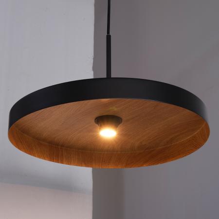 OSRAM Pendelleuchte Decor Plate in Schwarz/Holzdecor Ø 40 cm aus Stahl mit E27 Fassung - dekorative Hängelampe mit tellerförmigem Lampenschirm