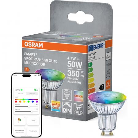 OSRAM SMART+ Matter LED Spot GU10 4,7W 90° RGBW Farbwechsel - steuerbar per App und Sprachassistenten wie Alexa, Google Home, dimmbar