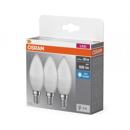 3er OSRAM E14 LED Base Classic B 60  Kerze matt 6,8W wie 60W kaltweß für Kronleucher und schmale Leuchten