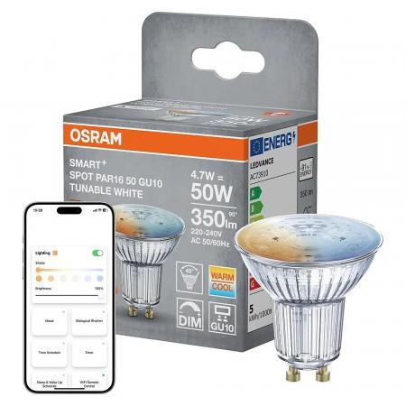 OSRAM SMART+ Matter LED Spot GU10 WiFi 4,7W warmweiss bis kaltweiss tunable white - dimmbar, Matter over WiFi, steuerbar per App, Alexa, Google und Apple