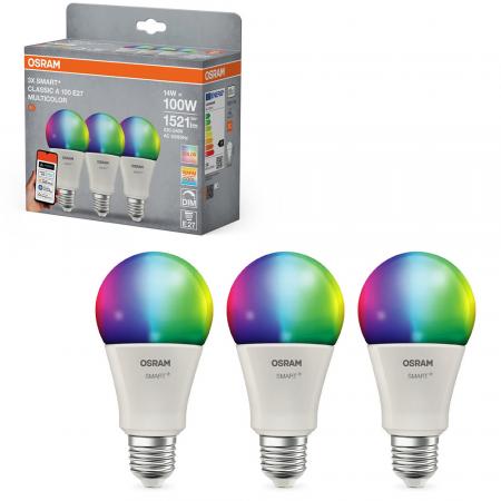 3er Pack OSRAM E27 SMART+ MATTER Classic A100 LED-Lampe 14W wie 100W Multicolor 2700-6500K - Matter over WiFi, App- und Sprachsteuerung