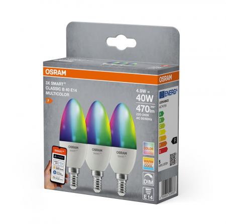 3er-Pack OSRAM E14 SMART+ MATTER Classic B40 LED-Lampe 4,9W wie 40W Multicolor 2700-6500K - Matter over WiFi, App- und Sprachsteuerung, 16 Mio. Farben