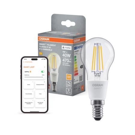 OSRAM E14 SMART+ MATTER Classic P40 4W wie 40W Glühlampe dimmbar warmweiß 2700K - steuerbar mit App oder per Sprache, Matter-fähig