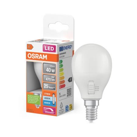 OSRAM E14 LED Lampe Classic P40 CCT Select 4,9W wie 40W dimmbar matt 470 lm 2700K–6500K