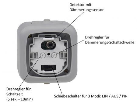 ChiliTec Feuchtraum PIR Bewegungsmelder, IP54 250V~, 2-500W, inkl. AP-Rahmen, grau
