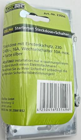 ChiliTec DELPHI 23066 Set Schutzkontakt-Steckdose + Wechselschalter + 2-fach Rahmen, Silber, 250 V/16 A, Steckanschluss