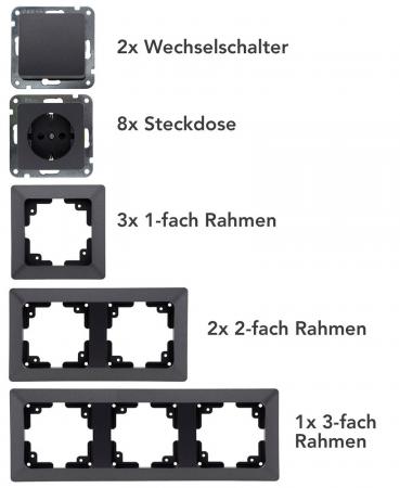 ChiliTec MILOS Starter 16-tlg. PRO Anthrazit 8 Steckdosen 2 Schalter – 23269