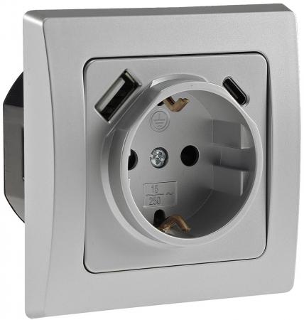 ChiliTec DELPHI 23341 Schutzkontakt-Steckdose mit USB-A + USB-C PD, 250 V, 16 A, Silber, Unterputz