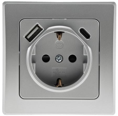 ChiliTec DELPHI 23341 Schutzkontakt-Steckdose mit USB-A + USB-C PD, 250 V, 16 A, Silber, Unterputz