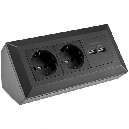 ChiliTec 2-fach Steckdosenblock + 2x USB, schwarz 250V~/ 16A, Aufbaumontage, USB 3,1A