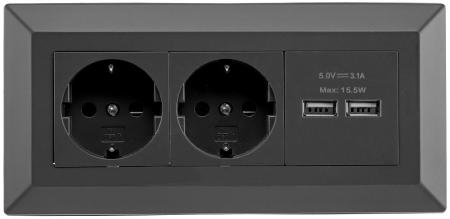 ChiliTec 2-fach Steckdosenblock + 2x USB, schwarz 250V~/ 16A, Aufbaumontage, USB 3,1A