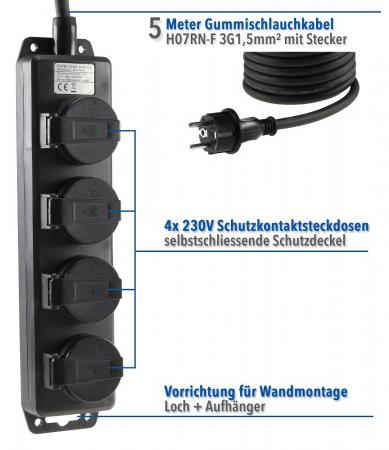 ChiliTec  Gartensteckdosenleiste 4-fach IP44 Außenbereich 5m H07RN-F 3G1,5mm² – 16A 3600W