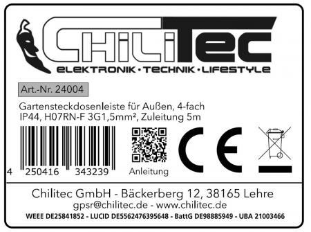ChiliTec  Gartensteckdosenleiste 4-fach IP44 Außenbereich 5m H07RN-F 3G1,5mm² – 16A 3600W