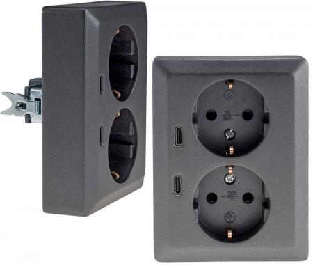 ChiliTec MILOS CT24014 2-fach Schutzkontakt-Steckdose mit 2x USB-C PD, Anthrazit, 16 A, 250 V
