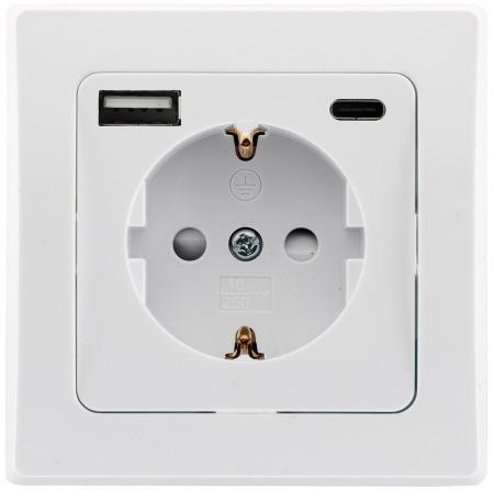ChiliTec DELPHI USB-Steckdose 1-fach mit 1x USB-A + 1x USB-C, 250 V, 16 A, Reinweiß, Unterputz