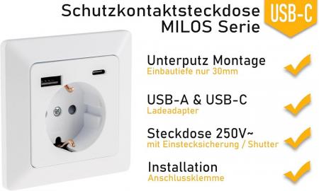 ChiliTec MILOS Schutzkontakt-Steckdose USB-A/C PD 3.0 16 A Unterputz matt Weiß