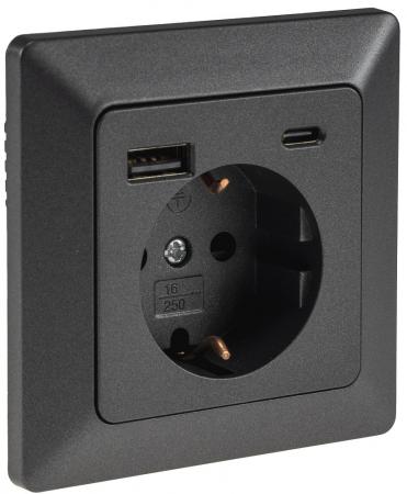 ChiliTec MILOS Schutzkontakt-Steckdose USB-A + USB-C/PD 3.0 Anthrazit 250 V 16 A – 24036