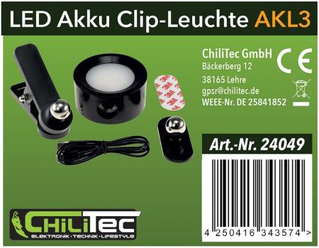 ChiliTec LED Akku Clip-Leuchte "CT-AKL3" Dimmbar, CCT 3000k-6000k, schwarz