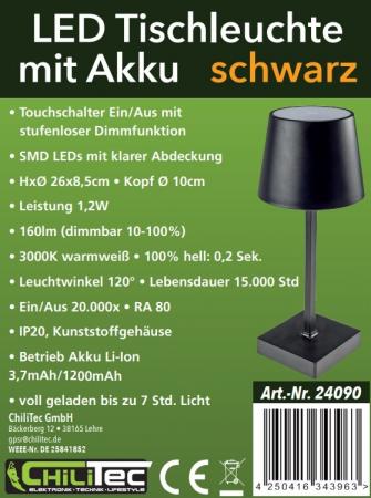 ChiliTec LED Akku Tischleuchte 26cm, dimmbar USB-C, 160Lumen, 1200mAh, 3000k, schwarz