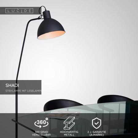 Lucide Stehlampe SHADI – Stehleuchte mit Leselampe & Schwenkarm Schwarz
