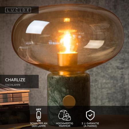 Lucide CHARLIZE Tischlampe Ø23 cm E27 Grün Marmor Amber Glas