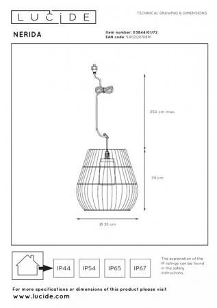 Lucide NERIDA Pendelleuchte Rattan IP44 Outdoor Ø35 cm