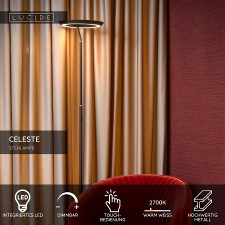 Lucide CELESTE LED Stehlampe Ø28 cm 21W 2700K Schwarz dimmbar Touch