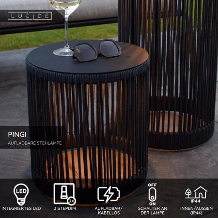 Lucide PINGI Akku-Stehlampe LED Outdoor IP44 Schwarz 3-Stufen-Dim