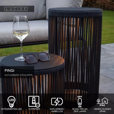 Lucide PINGI Akku-Stehlampe LED Outdoor IP44 Schwarz 3-StepDim