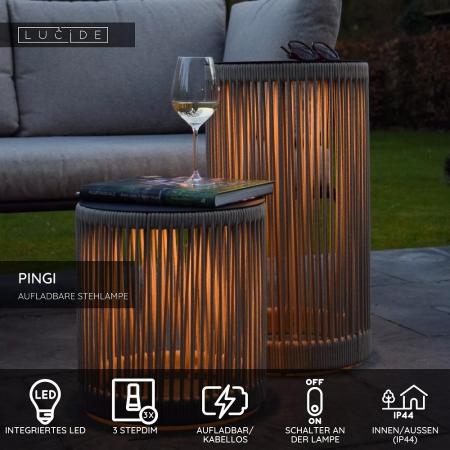 Lucide PINGI Akku-Stehlampe LED Outdoor IP44 Taupe 3-StepDim