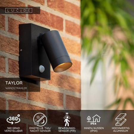 Lucide TAYLOR – Wandstrahler / Wandleuchte Innen & Außen – 1x GU10 – IP54 – Bewegungssensor – Schwarz