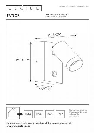 Lucide TAYLOR – Wandstrahler / Wandleuchte Innen & Außen – 1x GU10 – IP54 – Bewegungssensor – Schwarz