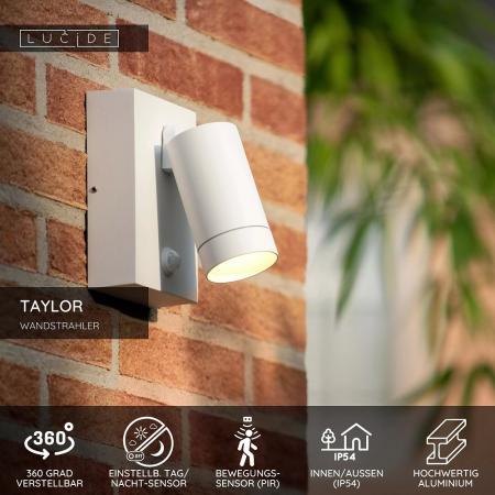 Lucide TAYLOR Wandstrahler IP54 Weiß – 1x GU10 Außenwandleuchte mit Bewegungssensor