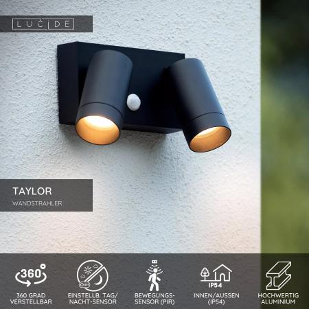 Lucide TAYLOR Wandstrahler IP54 Schwarz – 2x GU10 Außenwandleuchte mit Sensor