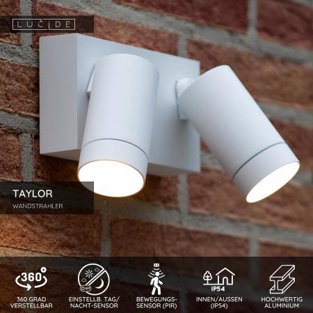 Lucide TAYLOR Wandstrahler IP54 Weiß – 2x GU10 Außenwandleuchte mit Sensor