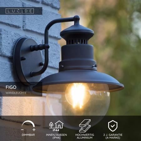 Lucide FIGO Wandleuchte IP44 Schwarz – 1x E27 Außenwandleuchte im Landhausstil