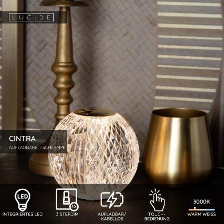 Lucide CINTRA Akku Tischlampe Ø9cm LED 1,5W 3000K Transparent 3-StepDim
