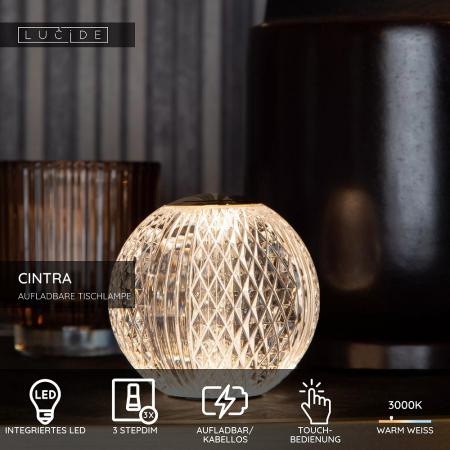 Lucide CINTRA LED Akku Tischlampe Ø11cm 3-StepDim 3000K transparent wiederaufladbar