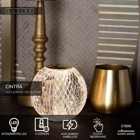 Lucide CINTRA Akku Tischlampe Ø9cm LED 1,5W 2700K Transparent 3-StepDim
