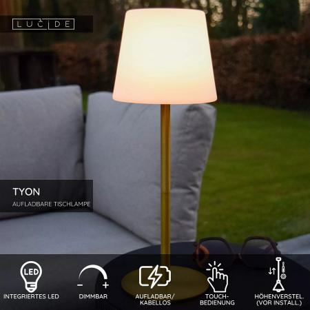 Lucide TYON – elegante Akku Tischleuchte für Innen & Außen in mattem Gold mit warmweißem Licht